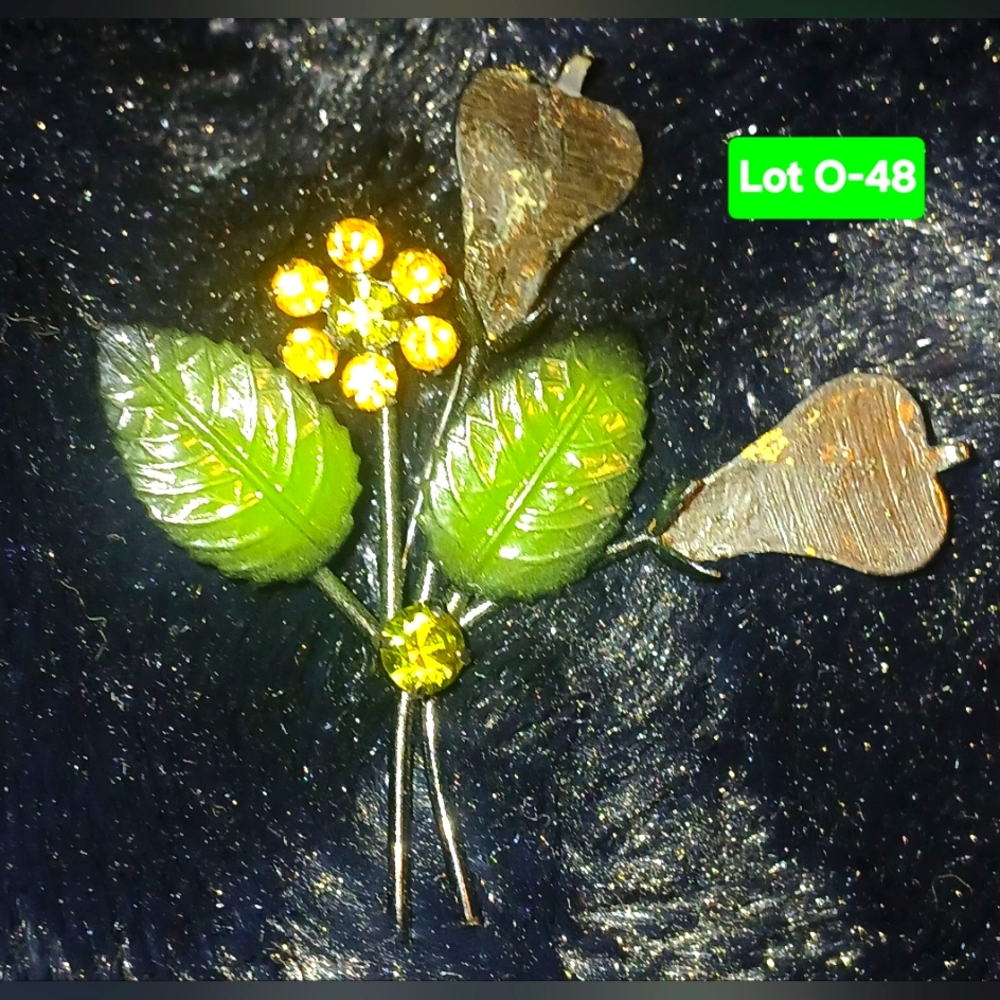 Vintage Floral Brooch with Green Leaves and Yellow Accents